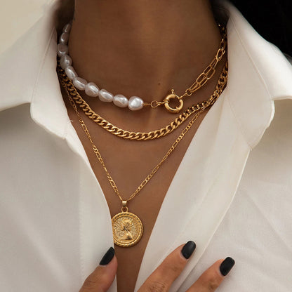 Goth Baroque Pearl Coin Portrait Pendant Necklace for Women Vintage Multi Layer Link Chain Necklace Punk Aesthetic Jewelry 2025