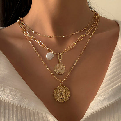 Goth Baroque Pearl Coin Portrait Pendant Necklace for Women Vintage Multi Layer Link Chain Necklace Punk Aesthetic Jewelry 2025