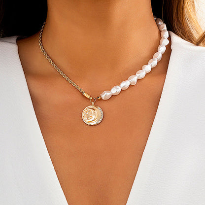 Goth Baroque Pearl Coin Portrait Pendant Necklace for Women Vintage Multi Layer Link Chain Necklace Punk Aesthetic Jewelry 2025